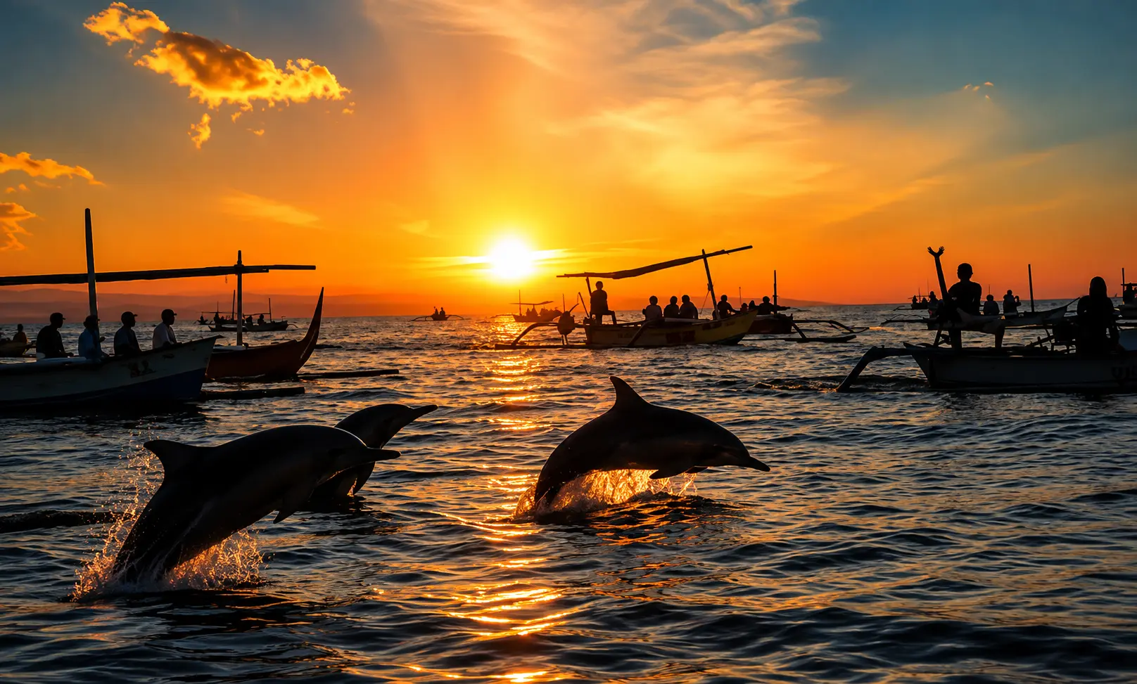 Dolphins jumping at sunrise in front of traditional boats in Lovina, North Bali