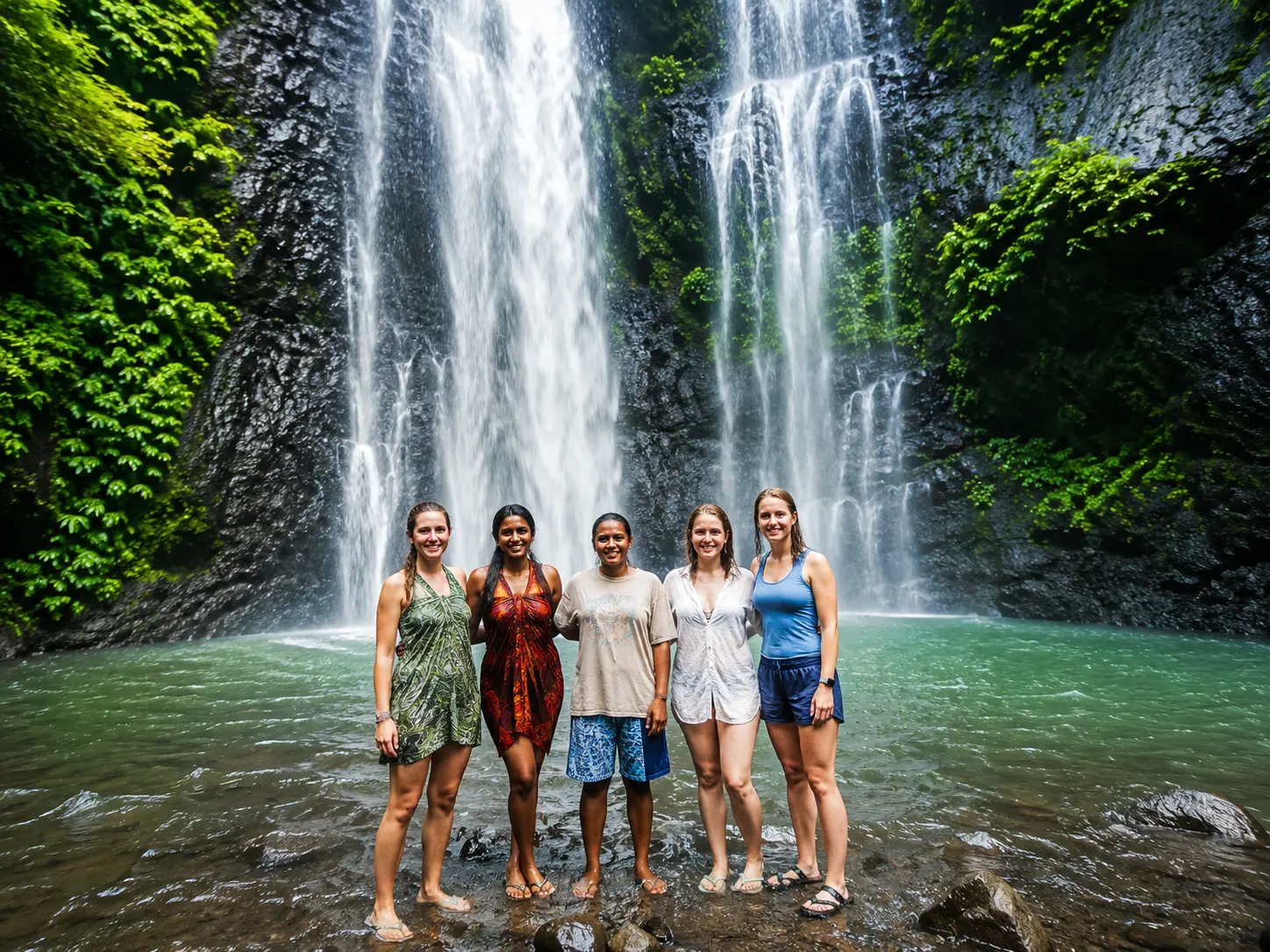 Travellers standing in front of a jungle waterfall in North Bali