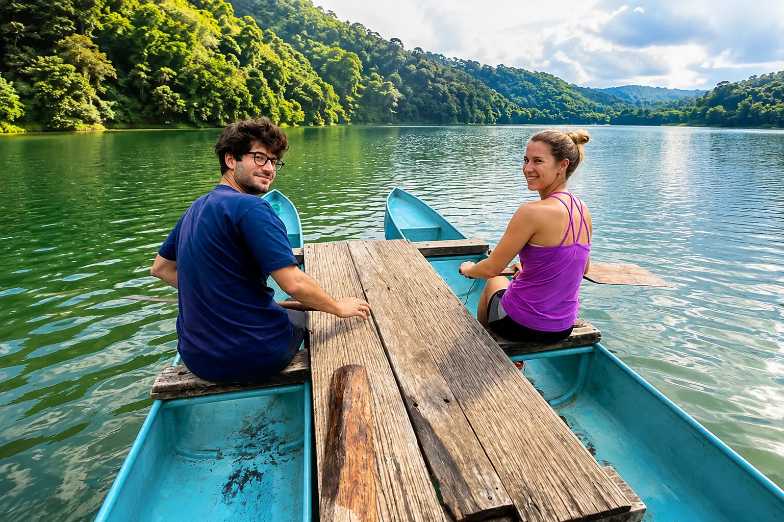 Two travellers canoeing on a calm green lake surrounded by jungle at Tamblingan